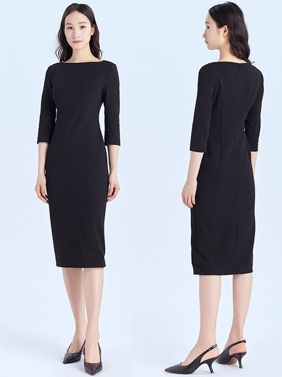 พร้อมส่ง!! ชุดเดรสสั้นสีดำ คอปาด ทรงเข้ารูป แขนห้าส่วน เรียบหรูดูดีดูแพง สวยสุภาพ