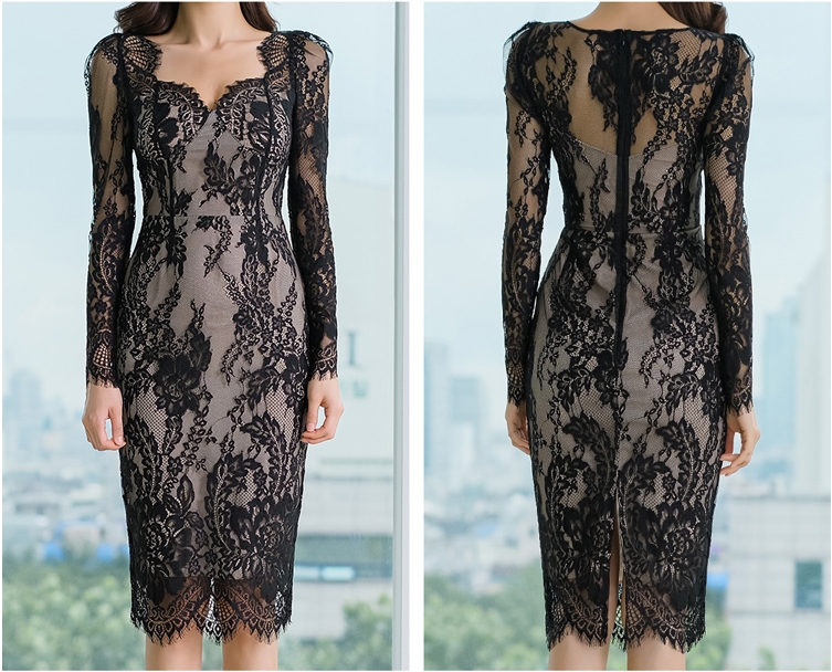 ชุดเดรสสั้นสีดำ ผ้าลูกไม้ ทรงเข้ารูป แขนยาว แนวเรียบหรู สวยสง่า