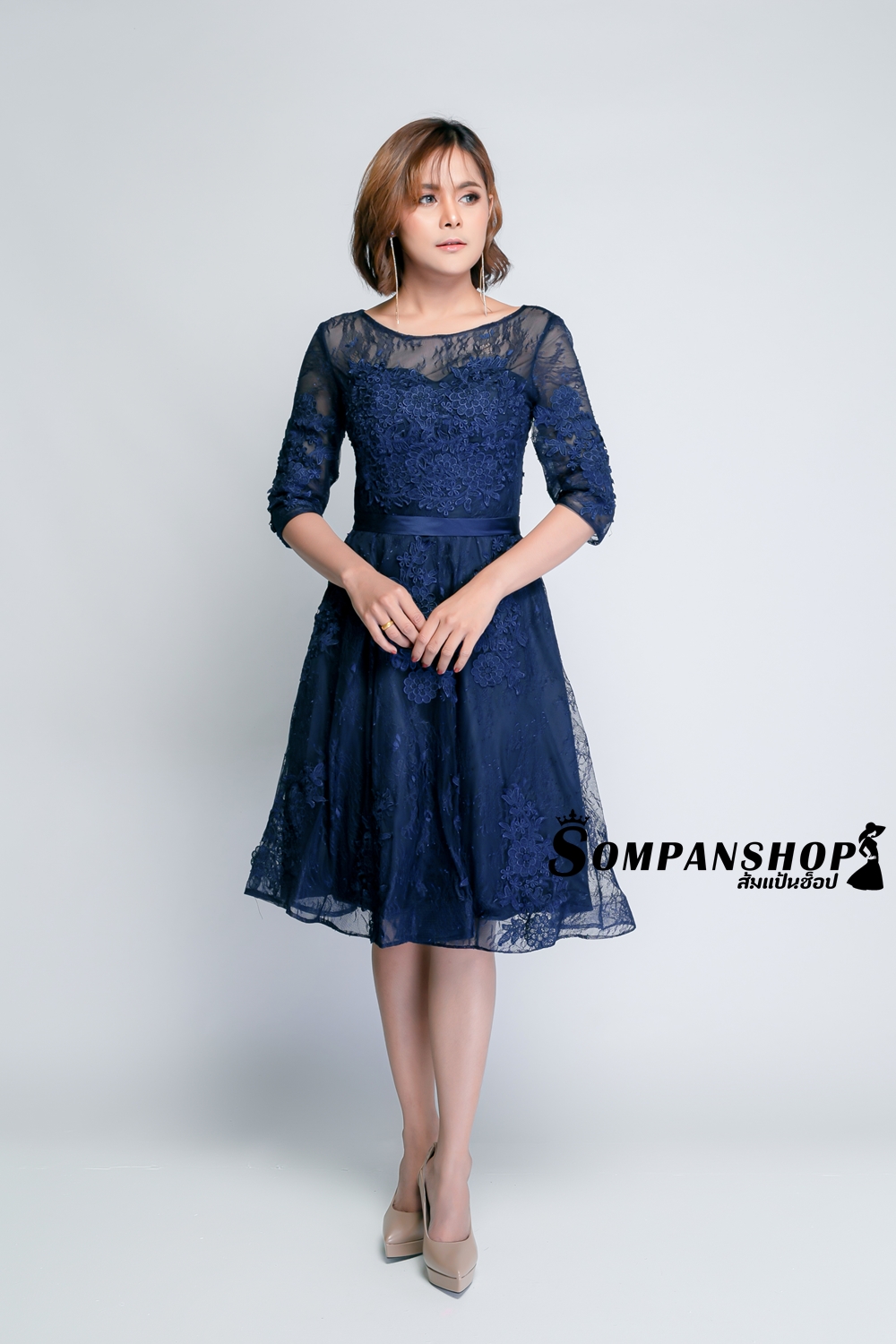 ชุดเดรสออกงานราตรีสั้นสีน้ำเงินกรมท่า ผ้าลูกไม้