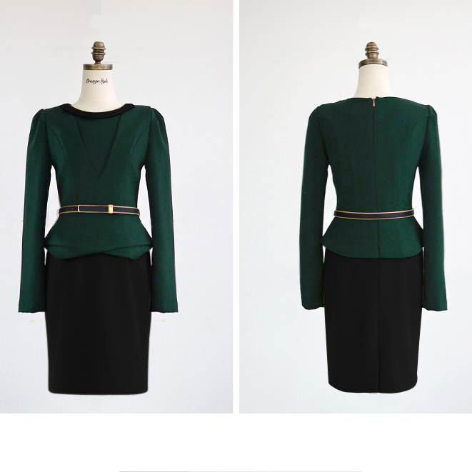 ชุดเดรสสั้นสีเขียว แขนยาว กระโปรงทรงเอ