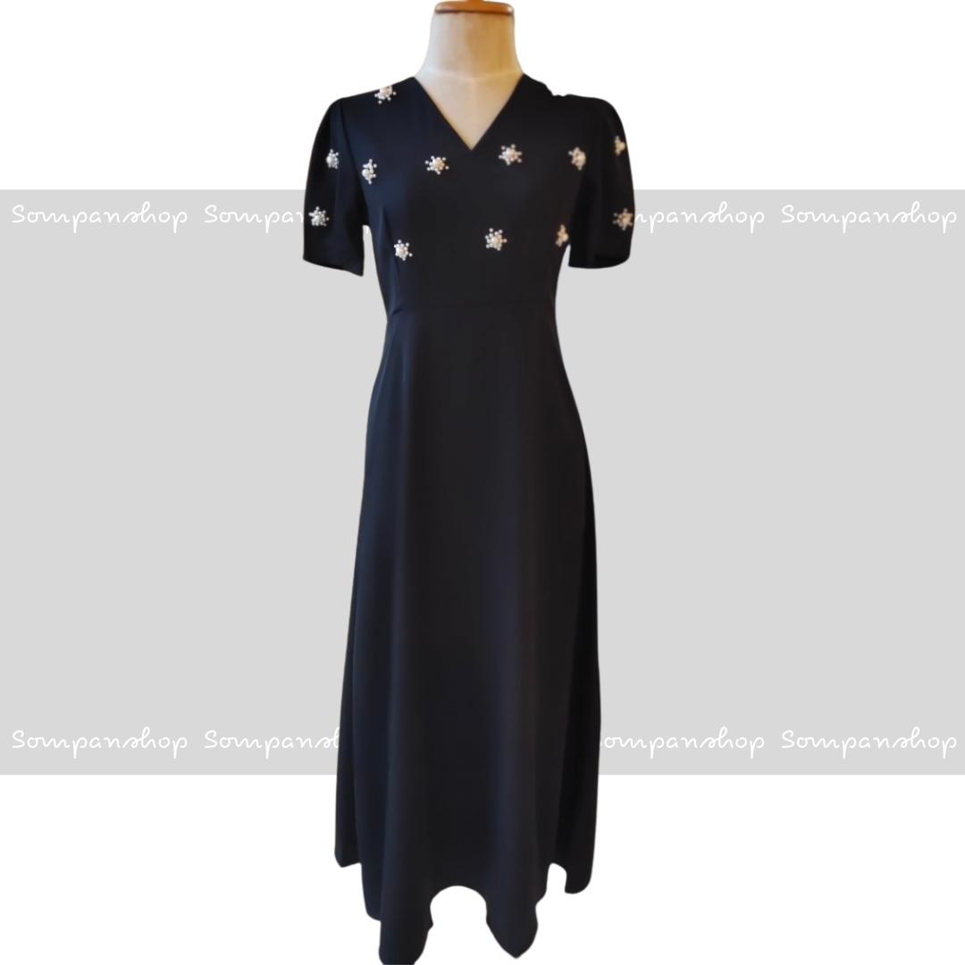 พร้อมส่ง !! ชุดเดรสสีดำ ปักลูกปัดลายดอกไม้ แขนสั้น กระโปรงยาว แนวเรียบหรู ดูดี สวยสุภาพ ดูเรียบร้อย