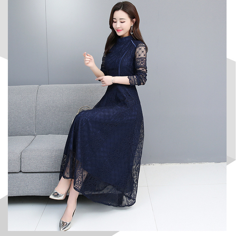 ชุดเดรสยาวสีน้ำเงินกรมท่า ผ้าลูกไม้ สีพื้น แขนยาว กระโปรงบาน คอจีน เอวเข้ารูป น่ารัก สวย ดูดี ใส่เที่ยว ทำงาน ออกงาน งานแต่งงาน งานบวช ได้