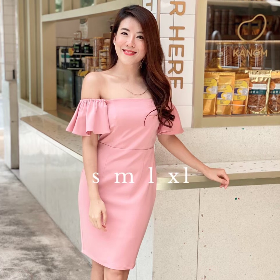 ชุดเดรสออกงานสีชมพู เปิดไหล่ สำเนา