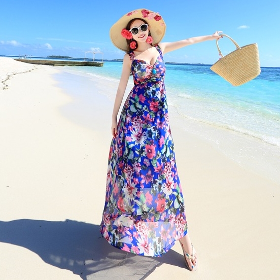 พร้อมส่ง !! ชุดใส่เที่ยวทะเล เดรสยาวลายดอกไม้สีน้ำเงิน ผ้าชีฟอง แฟชั่นชุดใส่เที่ยวทะเล ไอเดียชุดแต่งตัวไปเที่ยวทะเล ใครมีแพลนไปทะเลแต่ยังไม่ได้หาชุดต้องดู !
