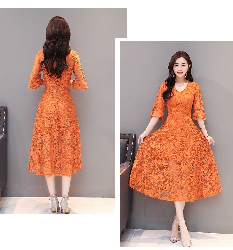 ชุดเดรสสั้นลูกไม้สีส้มอิฐ แขนสามส่วน กระโปรงยาวคลุมเข่า แนวเรียบร้อย สวยหวาน ใส่ทำงาน ใส่ไปงานได้ : M L XL 2XL