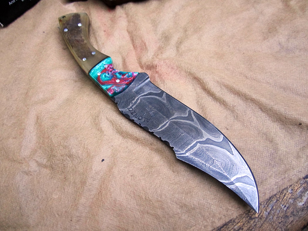 มีด ALONZO KNIVES USA CUSTOM HANDMADE DAMASCUS TACTICAL HUNTING KNIFE RAM HORN