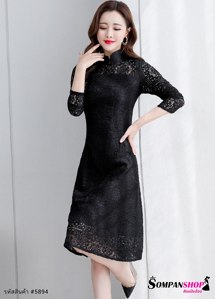 ชุดเดรสสั้นลูกไม้สีดำ คอจีน แขนยาว แนวเรียบหรู สวยดูดี สุภาพ