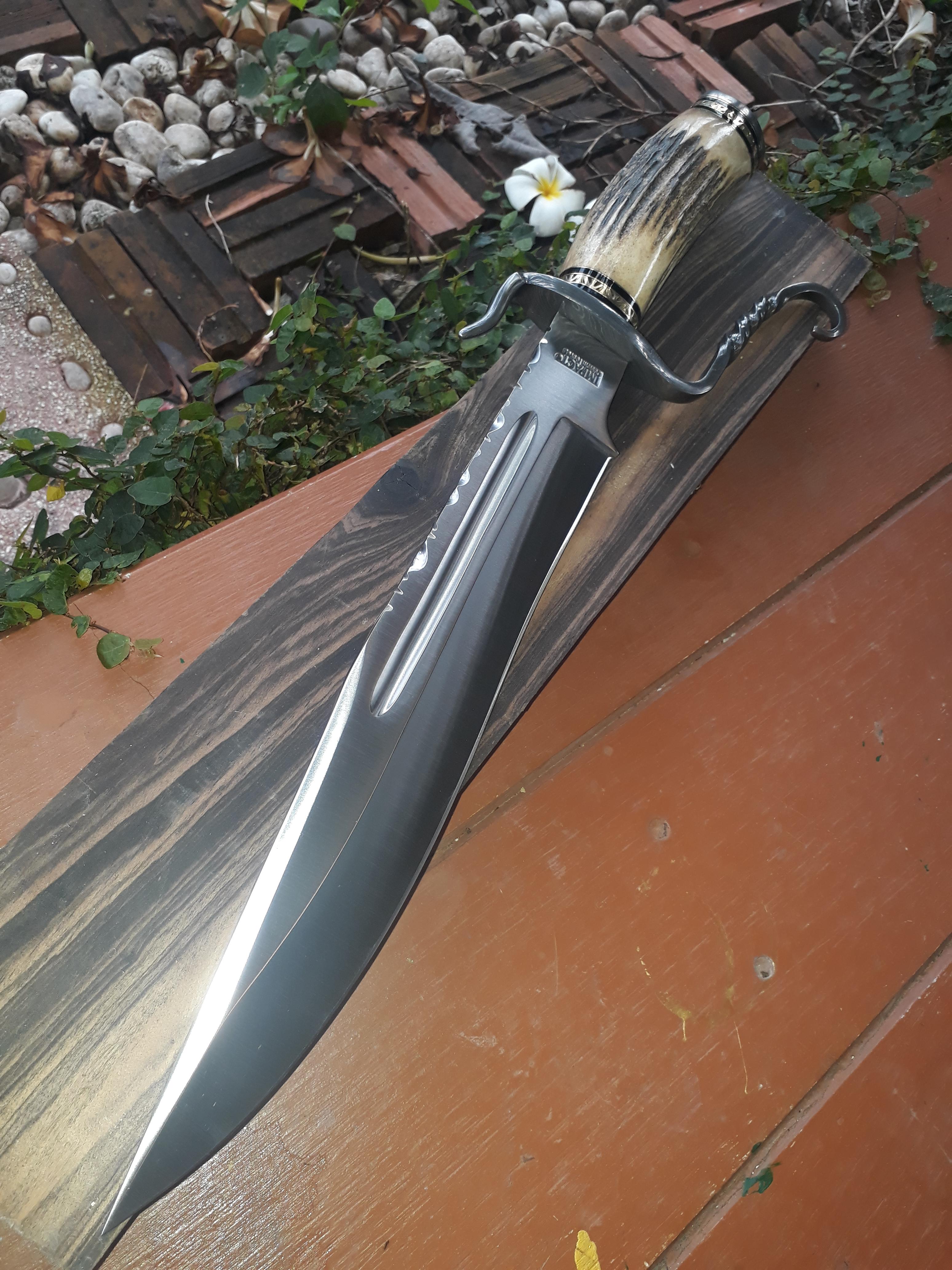 IMPACT CUTLERY RARE CUSTOM 1 OF A KIND BOWIE KNIFE STAG ANTLER DAMASCUS GUARD