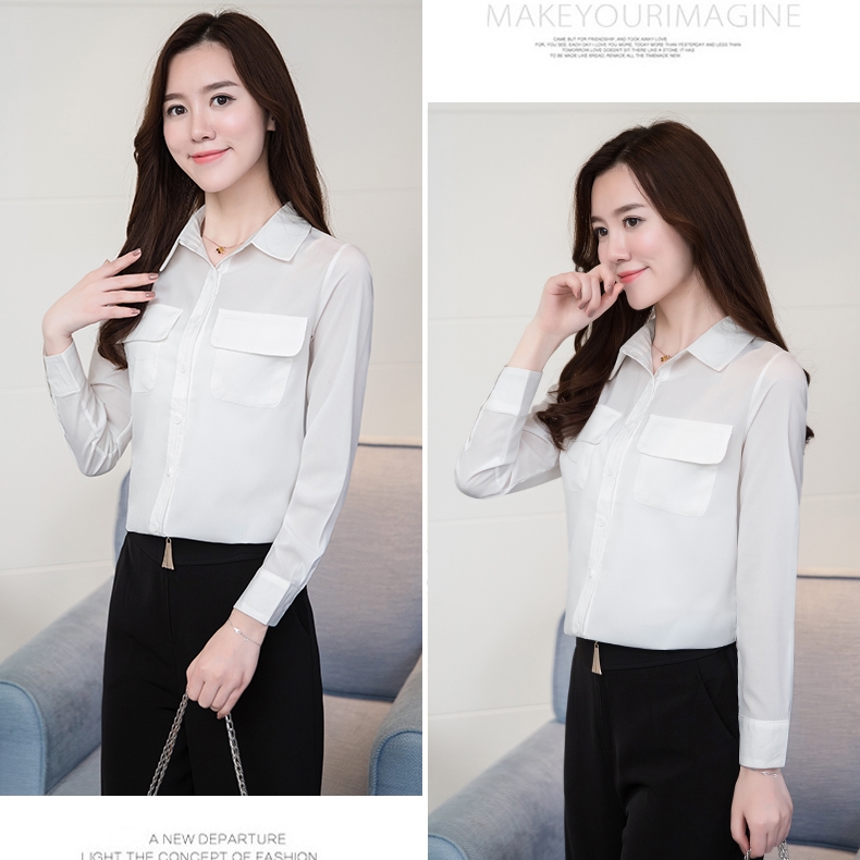เสื้อเชิ้ตผู้หญิงสีขาว คอปก แขนยาว กระดุมหน้า แต่งกระเป๋า