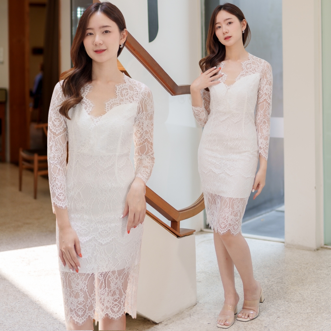 ชุดเดรสลูกไม้สีขาว เรียบหรู สวยดูดี ใส่ออกงาน ชุดไปงานแต่ง ชุดงานหมั้น ชุดมินิมอล