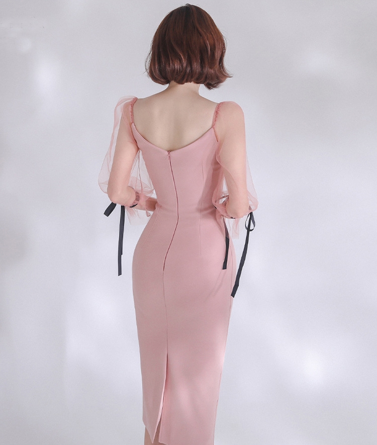 พร้อมส่ง !! ชุดเดรสออกงานสีโอรส เดรสสั้นทรงเข้ารูป แขนยาวผ้าซีทรู แนวเรียบหรูดูแพง สวยดูดี เหมาะสำหรับใส่เป็นชุดราตรี ชุดออกงาน ชุดไปงานแต่งงาน