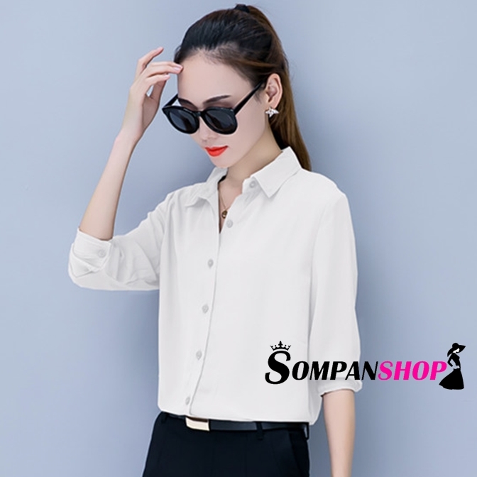 เสื้อเชิ้ตผู้หญิงทำงานสีขาว แขนยาว กระดุมหน้า ผ้าชีฟอง
