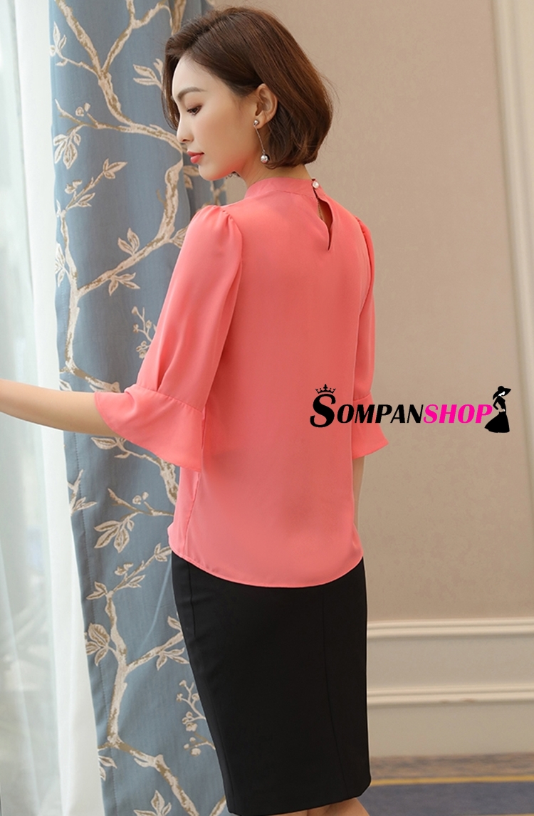 เสื้อเชิ้ตผู้หญิงสีส้มพีท แขนสี่ส่วน ผ้าชีฟอง ลุคเรียบร้อย สวยๆ สไตล์สาวออฟฟิศ