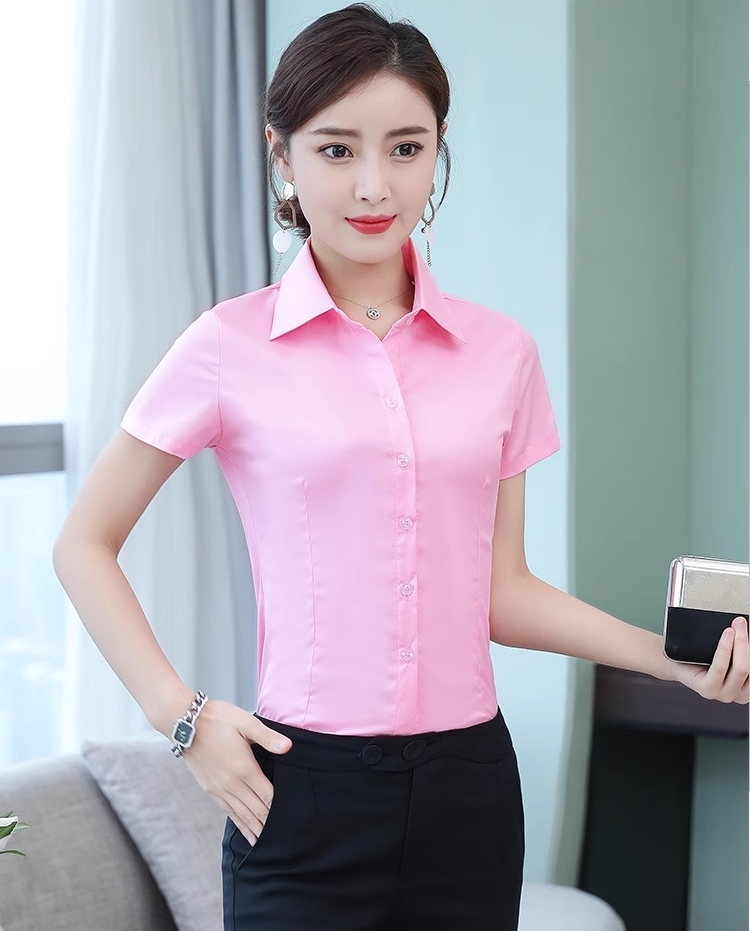 เสื้อเชิ้ตทำงานผู้หญิงสีชมพู แขนสั้นผู้หญิง กระดุมหน้า ผ้าชีฟอง เสื้อเชิ้ตทำงานผู้หญิง