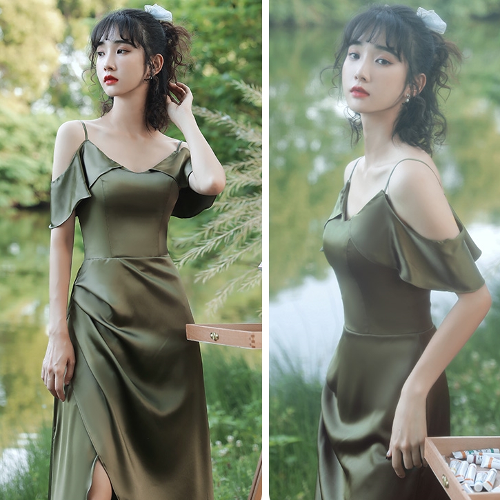 ชุดราตรี ชุดออกงาน ชุดไปงานแต่งงาน เดรสออกงานสีเขียว สายเดี่ยว เปิดไหล่ปิดต้นแขน