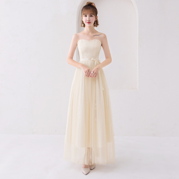 Sale ชุดออกงานราตรียาวสีครีมเบจ เกาะอกแต่งลูกไม้ กระโปรงยาวทรงบานผ้าซีทรู