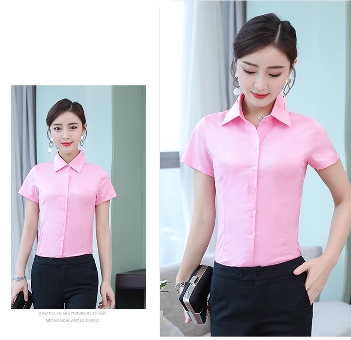 เสื้อเชิ้ตทำงานผู้หญิงสีชมพู แขนสั้นผู้หญิง กระดุมหน้า ผ้าชีฟอง เสื้อเชิ้ตทำงานผู้หญิง
