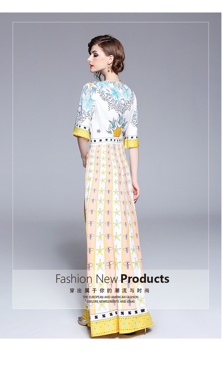 ชุดเดรสยาวสีเหลืองพิมพ์ลายดอกไม้ ลายดาว แขนสามส่วนทรงกว้าง กระโปรงยาวทรงบาน