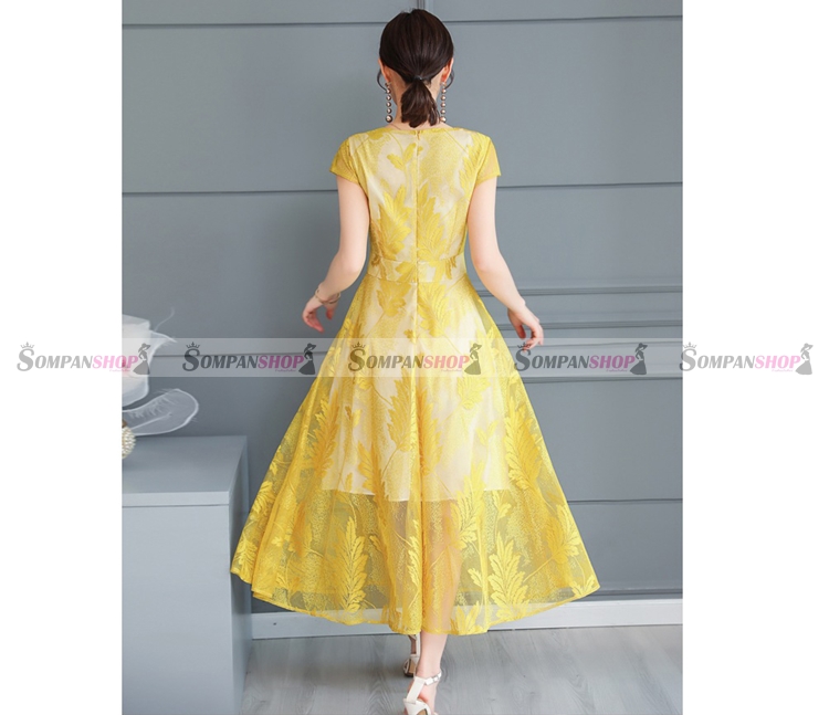 Sale ชุดเดรสลูกไม้สีเหลืองอ่อน แขนสั้น กระโปรงยาวคลุมเข่าทรงบาน แนวเรียบๆ สวยหวาน เรียบร้อย ดูดี