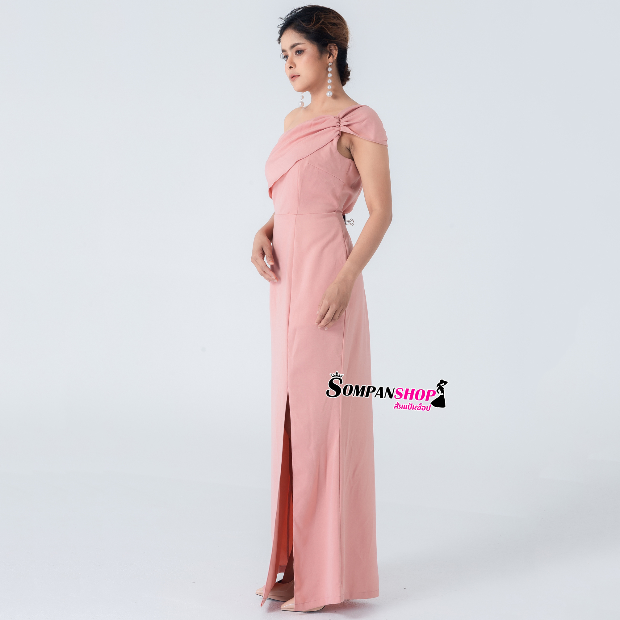 ชุดเดรสยาวออกงาน ไหล่เฉียงข้าง สี : แดง,เทา,ชมพู