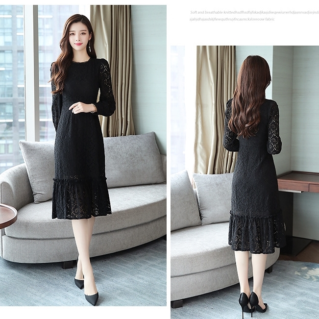 ชุดเดรสสั้นสีดำ ผ้าลูกไม้ แขนยาว ทรงข้ารูป กระโปรงบาน