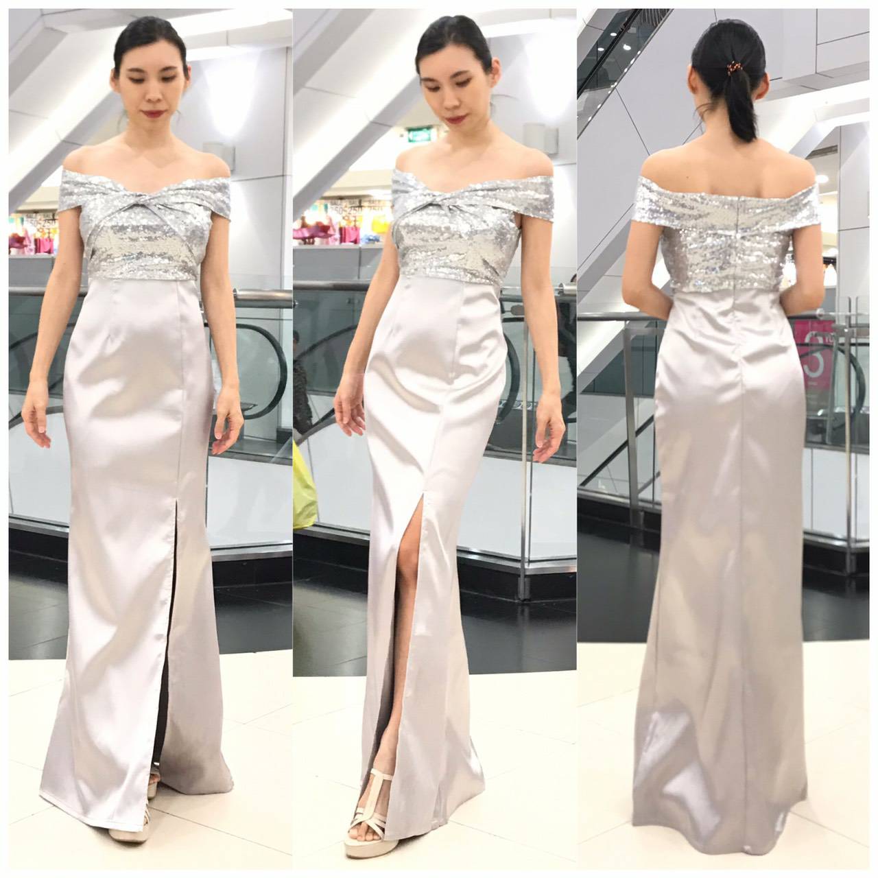 ชุดออกงานราตรียาวสีเทา เปิดไหล่แต่งเลื่อม กระโปรงยาวผ่าหน้าผ้าผ้าดัชเชสซาติน