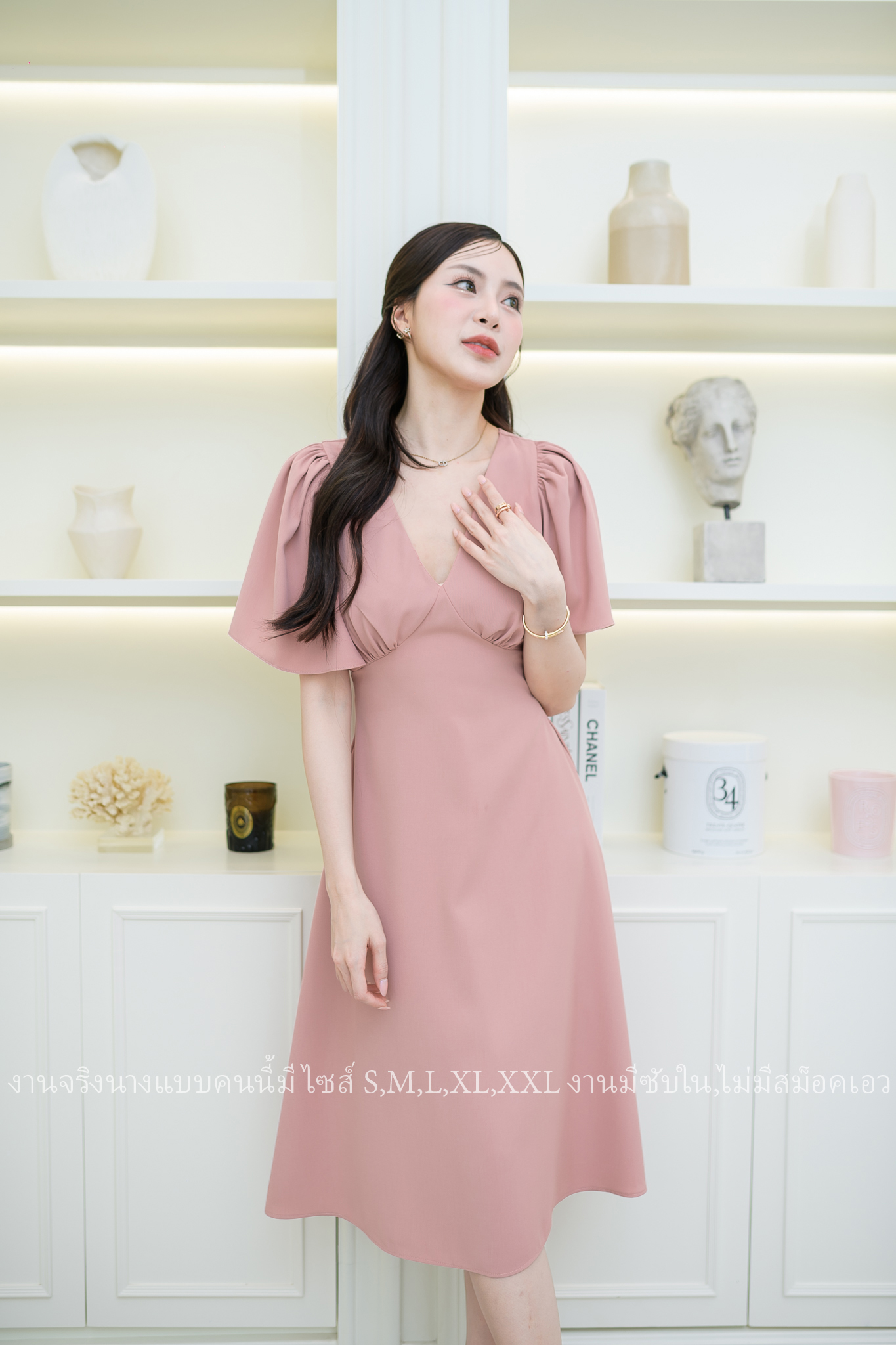 ชุดราตรี ชุดออกงาน ชุดไปงานแต่งงาน เดรสสั้นแขนระบาย กระโปรงคลุมเข่า แนวเรียบหรู สวยดูดี ใส่ได้ทั้งงานกลางวัน/งานกลางคืน : สี ขาว/ฟ้า/ชมพู