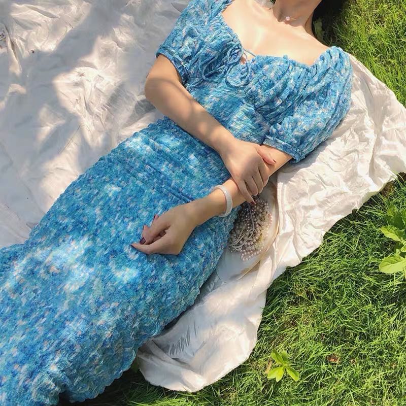 ชุดเดรสยาวสีฟ้า แขนจั๊มตุ๊กตา สวยๆ น่ารักๆ ใส่เป็นชุดเดรสลำลอง ชุดใส่เที่ยวทะเล