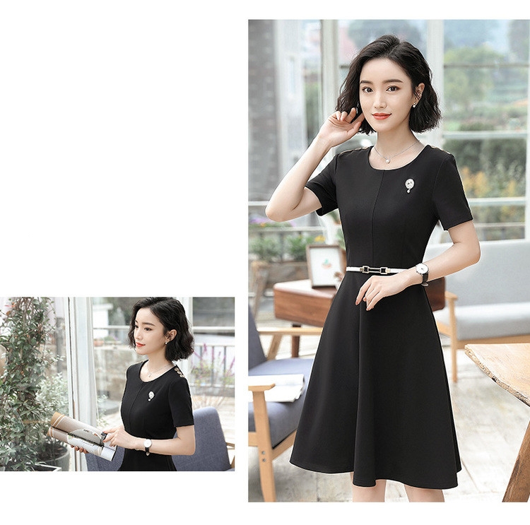 SALE ชุดเดรสสั้นสีดำ มีแขน ไหล่แต่งกระดุม กระโปรงบาน แนวเรียบๆ สวย ดูดี สไตล์ชุดทำงานออฟฟิศ