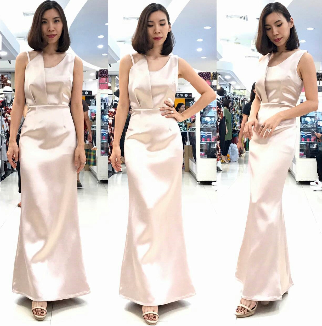 ชุดออกงานราตรียาวสีโรสโกลด์ คอเหลี่ยมแฉก สายเดี่ยว แขนกุด กระโปรงยาวทรงหางปลา