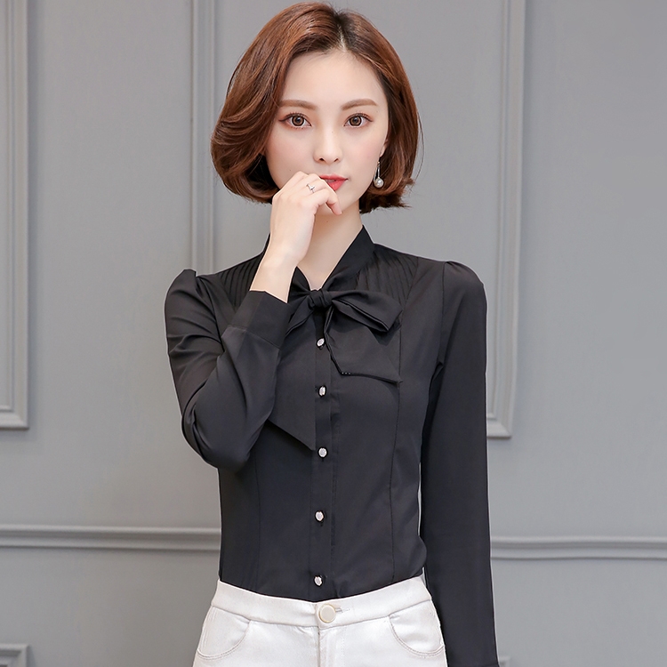 Sale เสื้อเชิ้ตผู้หญิงสีดำ แขนยาว คอผูกโบว์ กระดุมหน้า