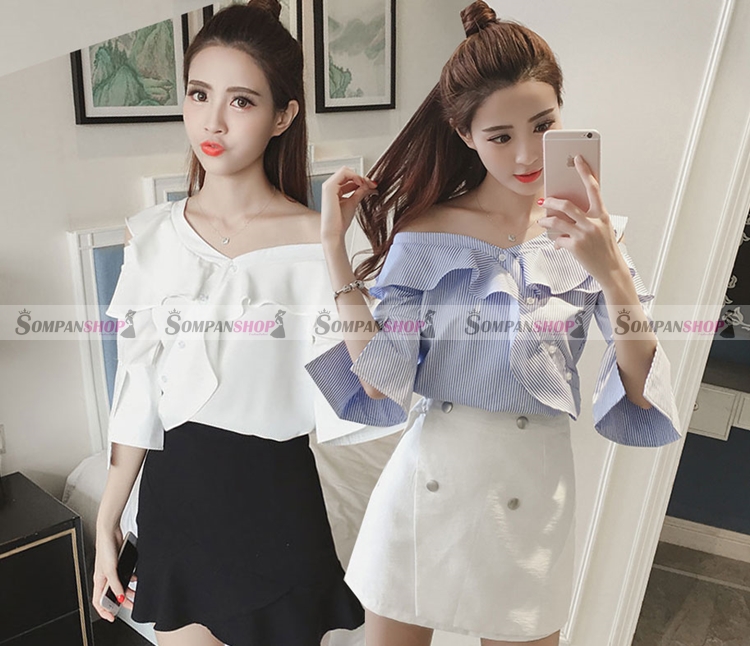 SALE เสื้อเปิดไหล่ แต่งระบาย แขนสามส่วน ทรงปล่อย สไตล์สวยเก๋ น่ารัก ใส่สบาย