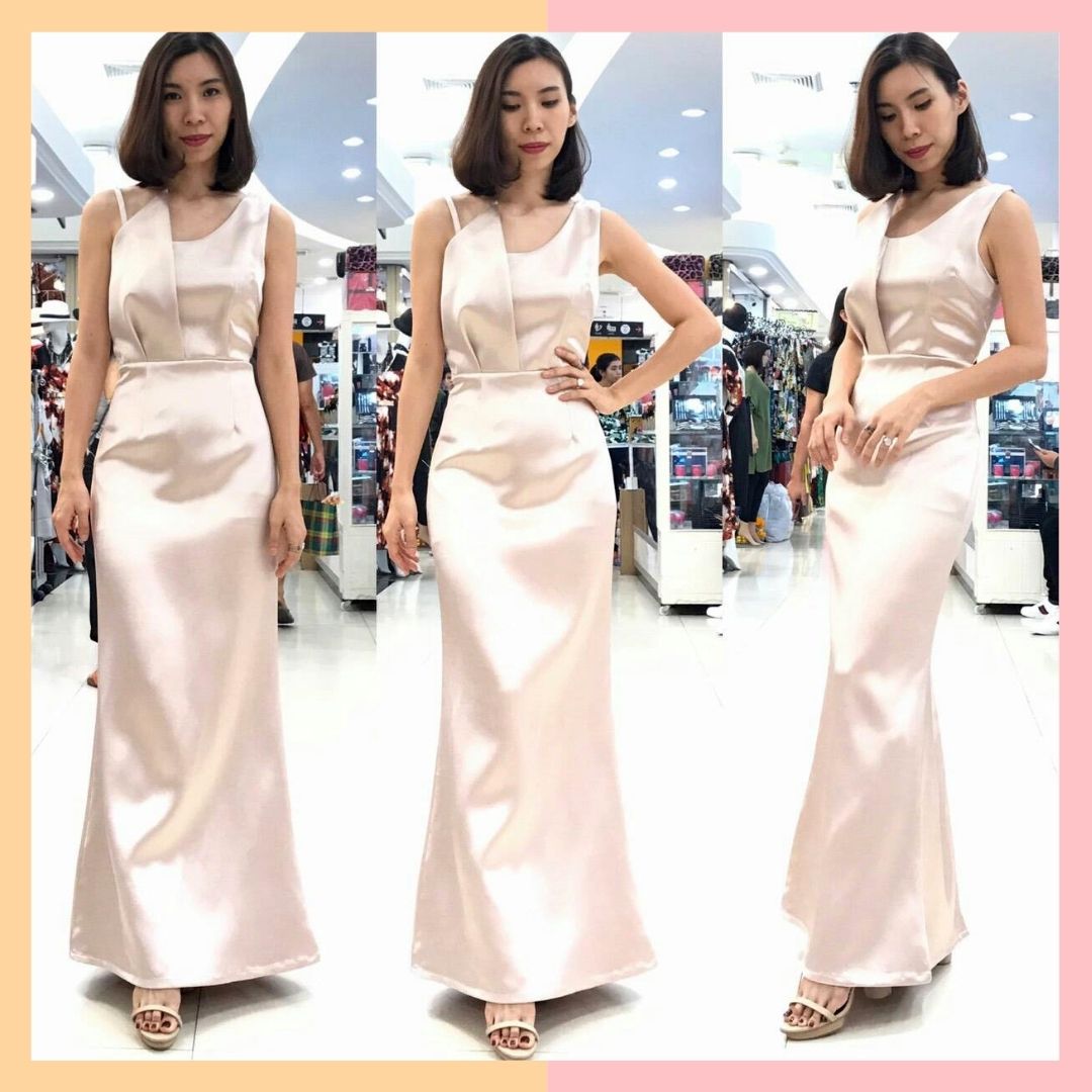 ชุดออกงานราตรียาวสีโรสโกลด์ คอเหลี่ยมแฉก สายเดี่ยว แขนกุด กระโปรงยาวทรงหางปลา