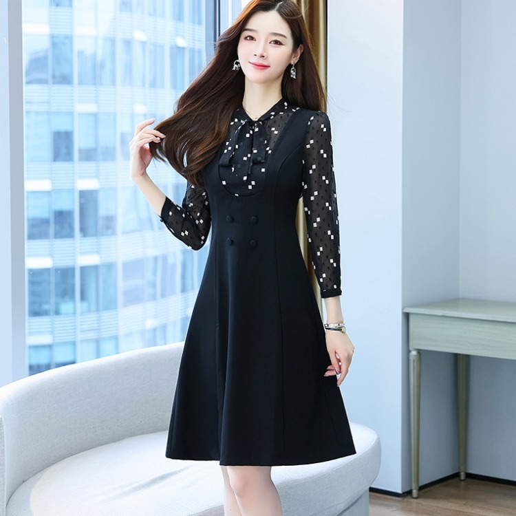 พร้อมส่ง !! ชุดเดรสสั้นสีดำ ผูกโบว์ แขนยาว กระโปรงคลุมเข่า แนวเรียบร้อย สวยสง่า ใส่ดูดี