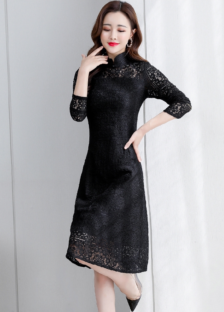 ชุดเดรสลูกไม้สีดำ คอจีน