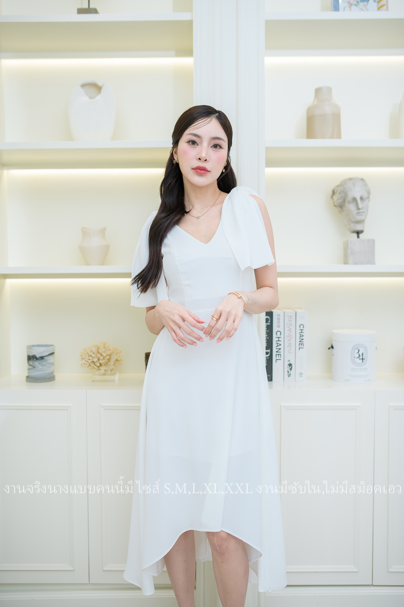 ชุดราตรี ชุดออกงาน ชุดไปงานแต่งงาน เดรสไหล่โบว์กระโปรงหน้าสั้นหลังยาว แนวเรียบหรู สวยดูดี ใส่ได้ทั้งงานกลางวัน/งานกลางคืน : สี ขาว/ฟ้า/ชมพู/เขียวมิ้นพาสเทล