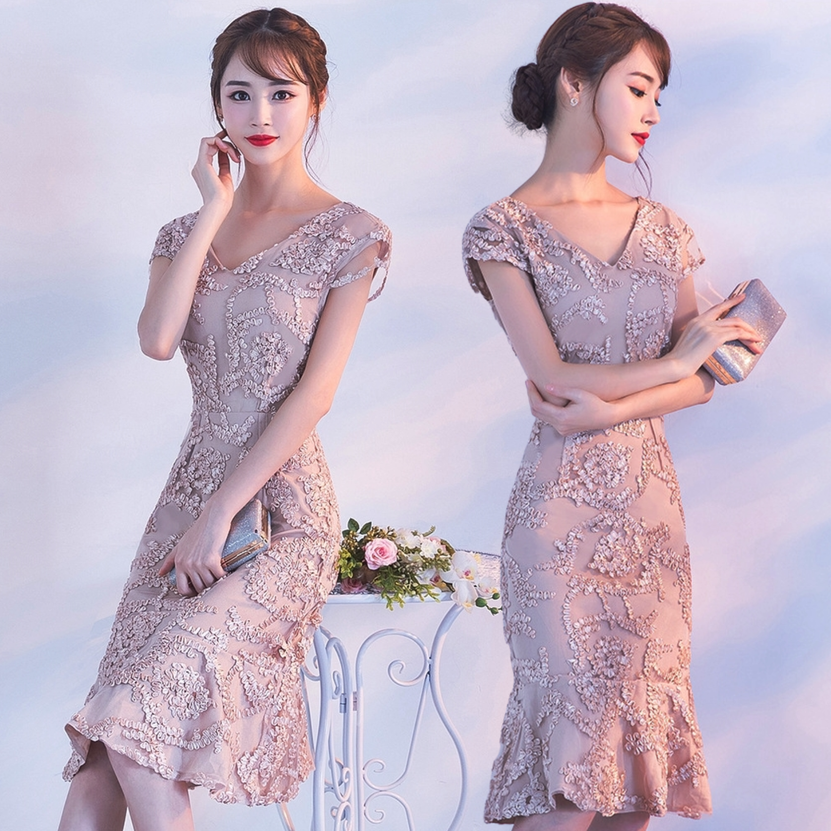 ชุดเดรสออกงานสีชมพูกะปิ ทรงเอเข้ารูปหางปลา แนวเรียบหรู สวย ดูดี ใส่เป็นชุดราตรี ชุดออกงาน ชุดไปงานแต่งงาน กลางวัน กลางคืน