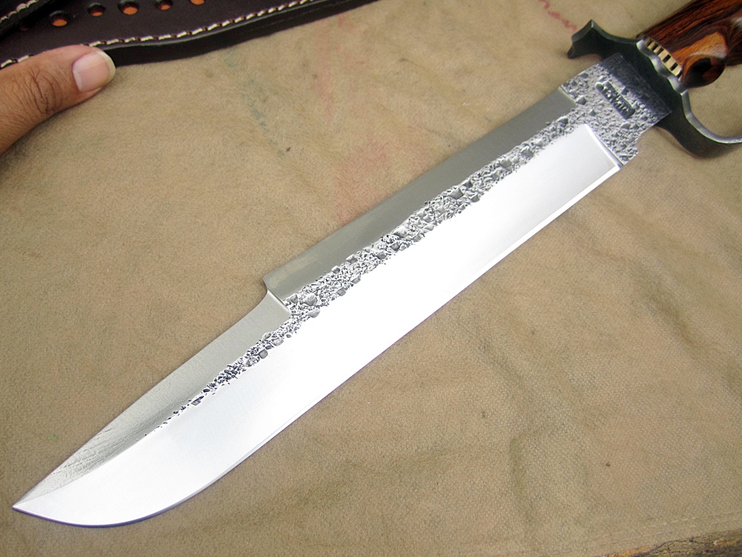 มีด เหล็ก D2 IMPACT CUTLERY RARE CUSTOM HAMMERED D2 ART BOWIE KNIFE BURL WOOD DAMASCUS GUARD UK