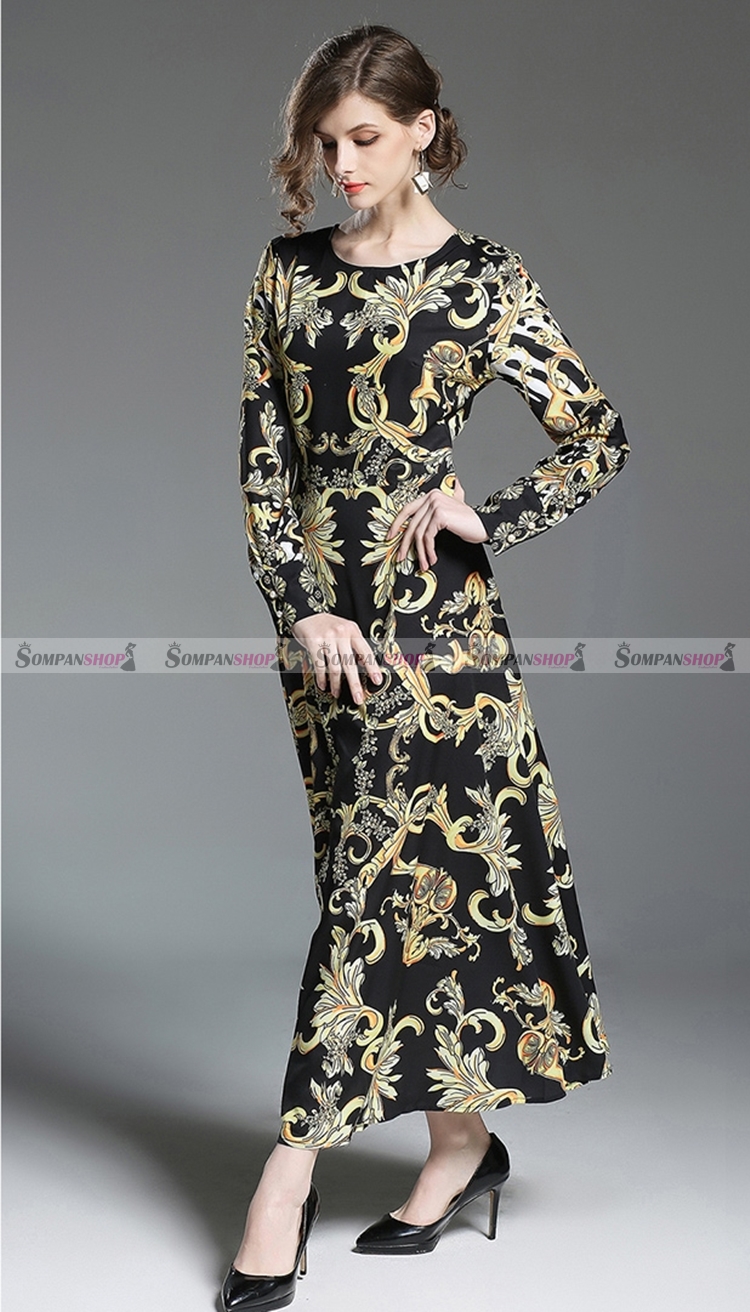 ชุดเดรสยาวสีดำพิมพ์ลายสวยๆ แขนยาว กระโปรงบาน ลุคสวยเก๋ ดูดี ( สินค้าพร้อมส่ง )