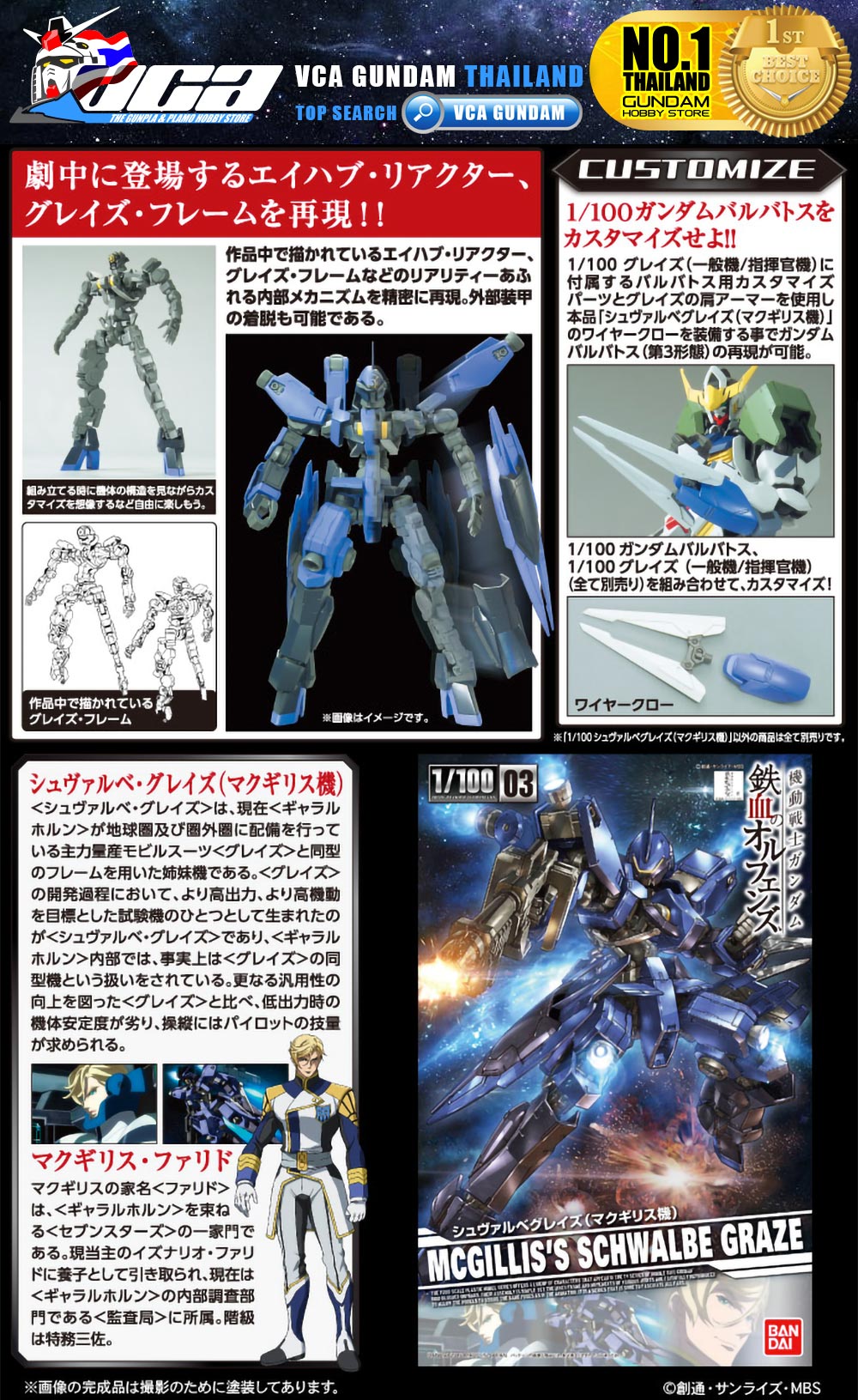 BANDAI GUNPLA 1/100 MCGILLIS'S MCGILLIS SCHWALBE GRAZE โมเดล กันดั้ม กันพลา VCA GUNDAM
