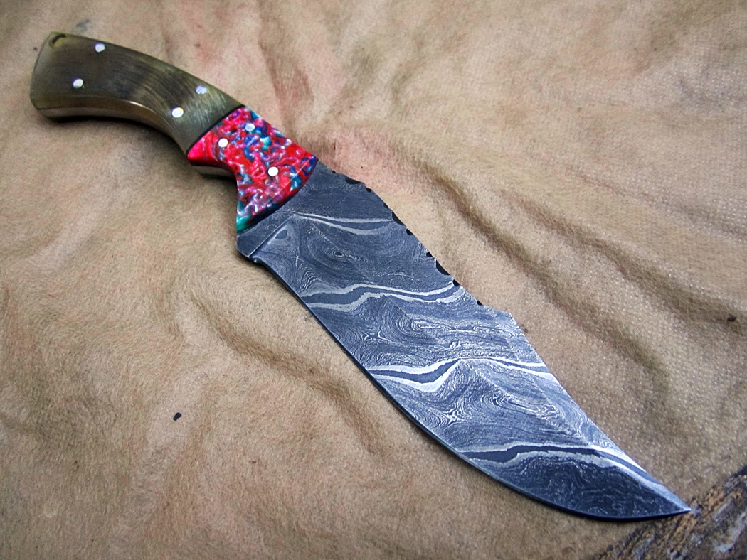 มีด ALONZO KNIVES USA CUSTOM HANDMADE DAMASCUS TACTICAL HUNTING KNIFE RAM HORN