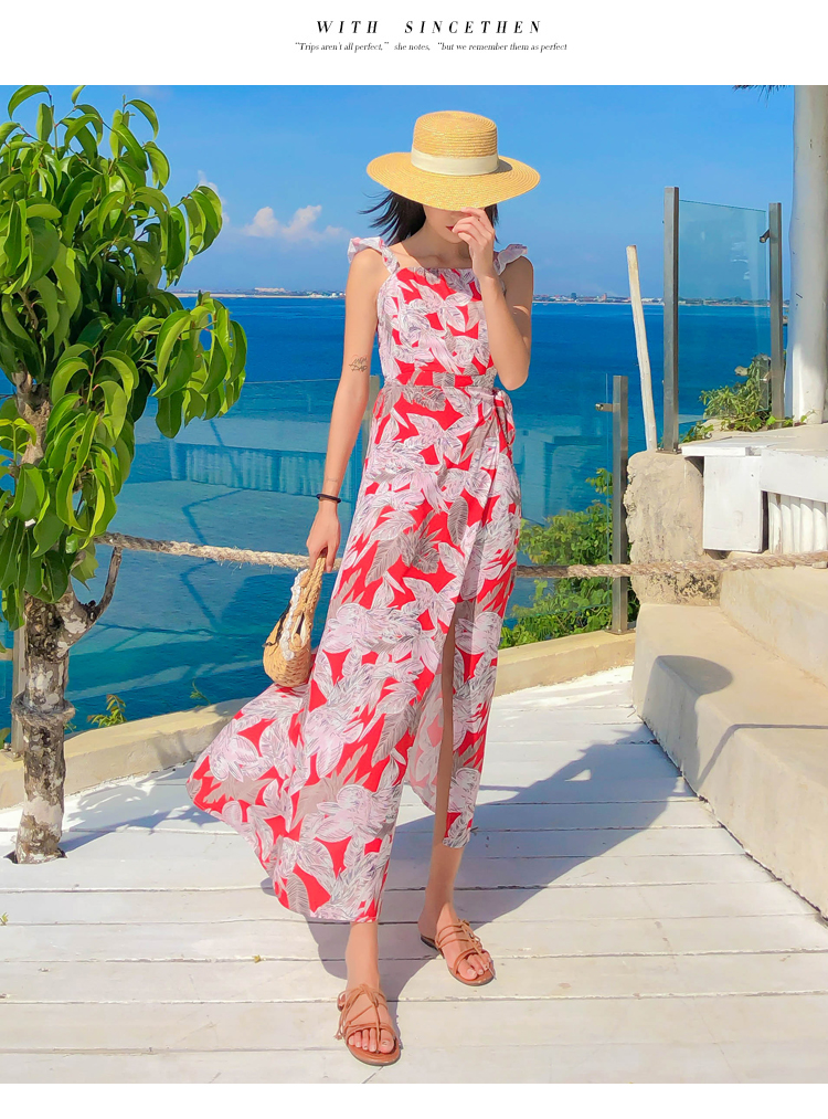 ชุดไปทะเล เดรสเที่ยวทะเล เดรสยาวสีแดงพิมพ์ลายสวยๆ เก๋ๆ
