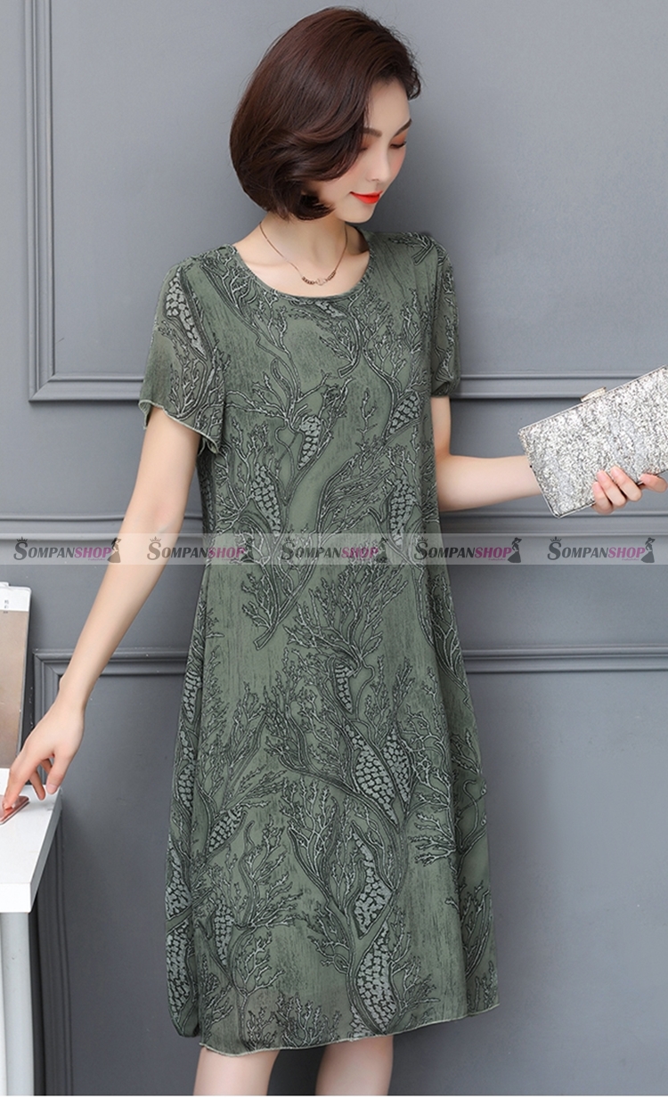 ชุดเดรสสั้นสีเขียว ทรงปล่อย ผ้าชีฟอง ลุคเรียบๆ สวยดูดี สวมใส่ได้หลายโอกาส