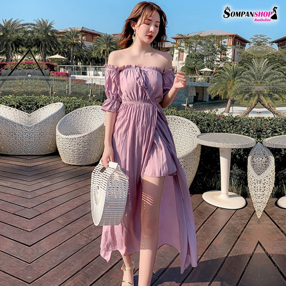 แม็กซี่เดรสยาวสีม่วง เปิดไหล่ แฟชั่นชุดไปทะเล ชุดเที่ยวทะเล ชุดใส่เริมชายหาด ถ่ายรูปสวย