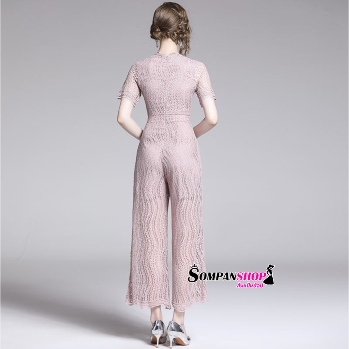 จั๊มสูทกางเกงขายาวสีชมพู ผ้าลูกไม้ แนวเรียบหรู ดูแพง สวยสง่า ใส่ออกงาน ไปงานเลี้ยง ไปงานแต่งได้