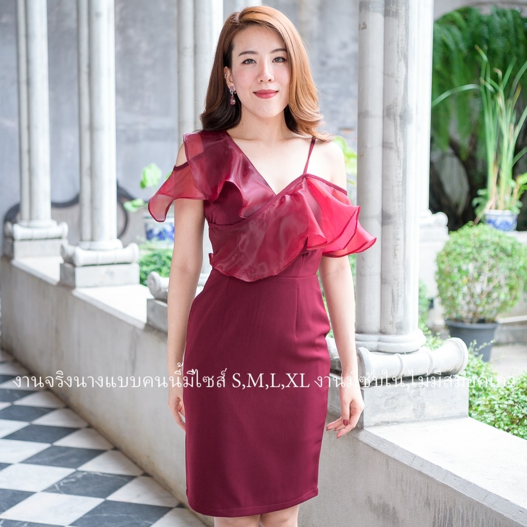 ชุดไปงานแต่งงานสีแดง เดรสสั้นแต่งระบายผ้าไหมแก้ว เรียบหรูดูแพง ชุดราตรี ชุดไปงานแต่งงาน ชุดออกงาน