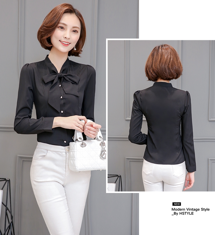 Sale เสื้อเชิ้ตผู้หญิงสีดำ แขนยาว คอผูกโบว์ กระดุมหน้า
