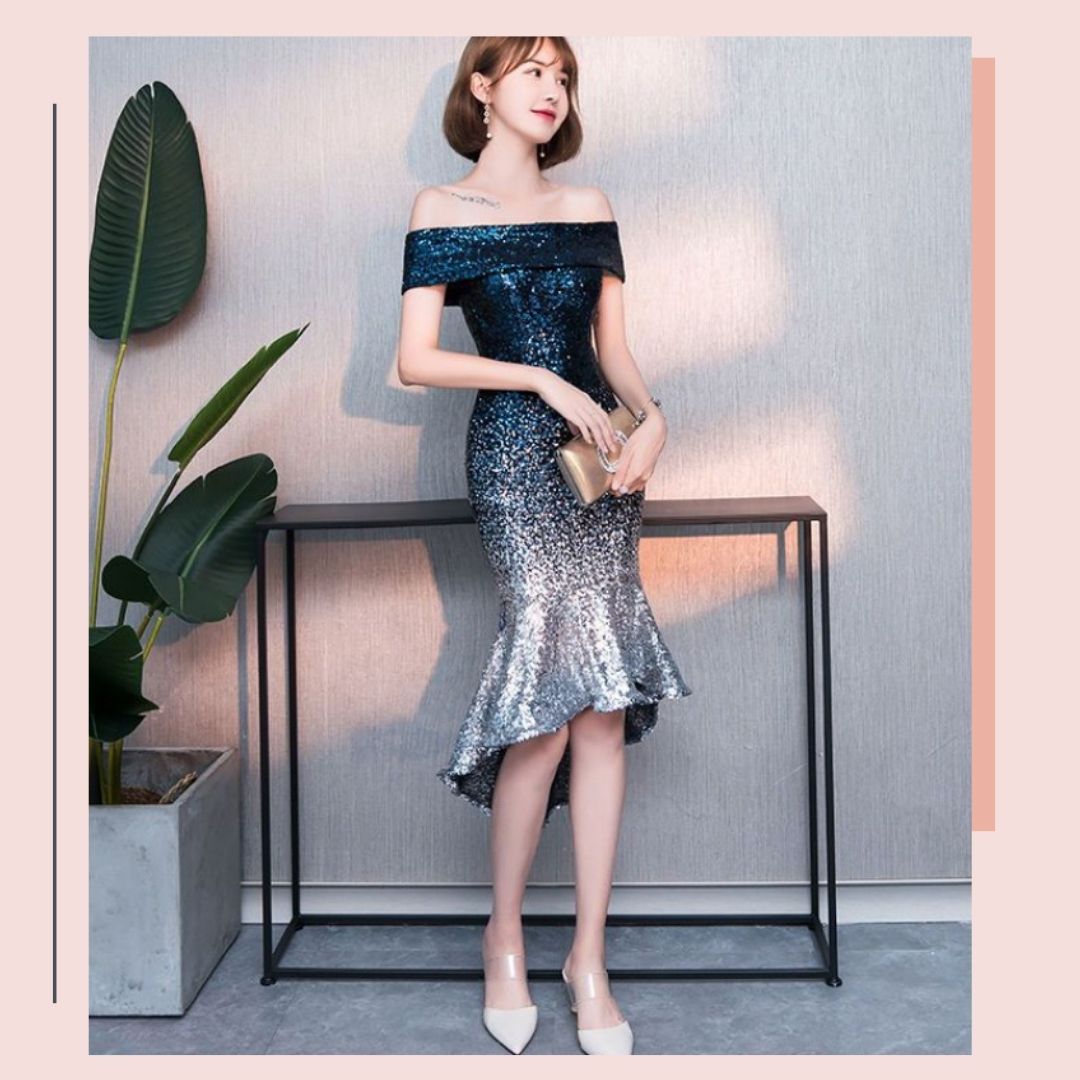 ชุดราตรี ชุดออกงาน ชุดไปงานแต่งงานสีน้ำเงินกรมท่า ทรงเข้ารูป กระโปรงหางปลา ผ้าปักเหลื่อม เรียบหรู