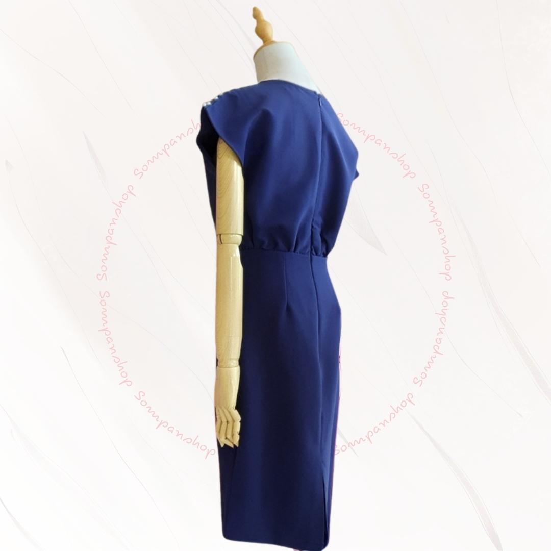 ชุดเดรสสั้นสีน้ำเงินกรมท่า แต่งมุก กระโปรงทรงดินสอ