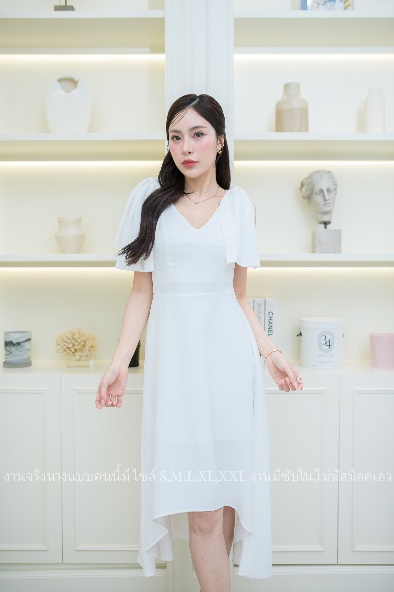 ชุดราตรี ชุดออกงาน ชุดไปงานแต่งงาน เดรสไหล่โบว์กระโปรงหน้าสั้นหลังยาว แนวเรียบหรู สวยดูดี ใส่ได้ทั้งงานกลางวัน/งานกลางคืน : สี ขาว/ฟ้า/ชมพู/เขียวมิ้นพาสเทล